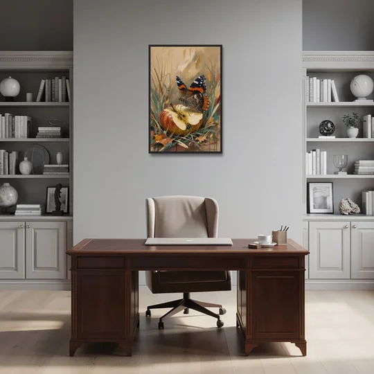 Butterfly Art Prints Red Admiral on a Windfall Apple - Black Framed Canvas Wall Art - Office - 24x36