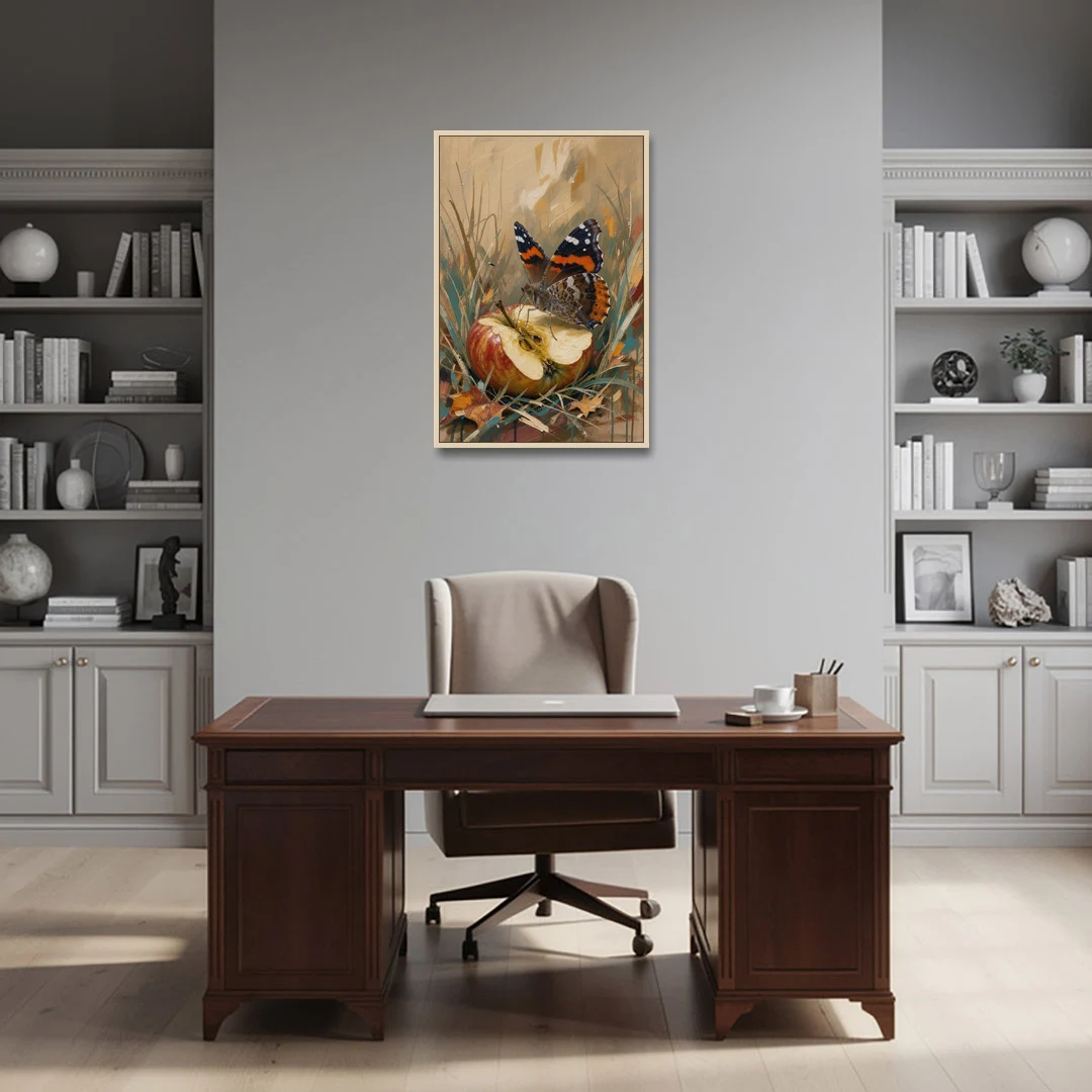 Butterfly Art Prints Red Admiral on a Windfall Apple - Oak Framed Canvas Wall Art - Office - 24x36