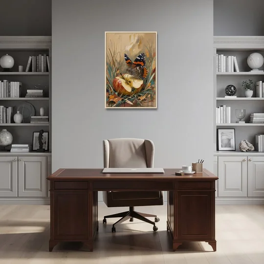 Butterfly Art Prints Red Admiral on a Windfall Apple - Oak Framed Canvas Wall Art - Office - 24x36