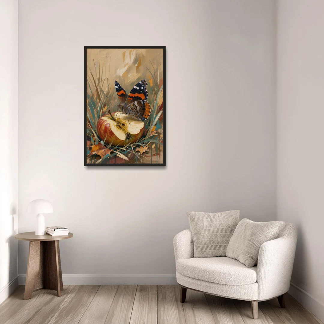 Butterfly Art Prints Red Admiral on a Windfall Apple - Black Framed Canvas Wall Art - Sofa - 24x36