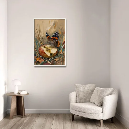 Butterfly Art Prints Red Admiral on a Windfall Apple - White Framed Canvas Wall Art - Sofa - 24x36