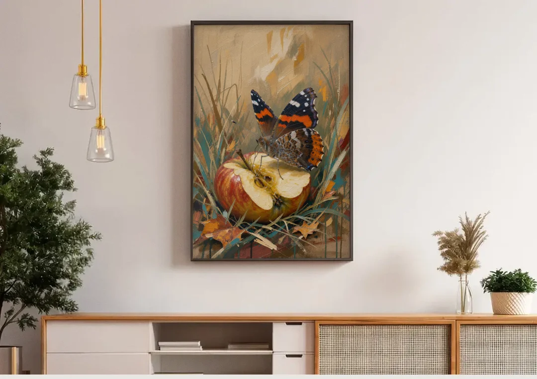 Butterfly Art Prints Red Admiral on a Windfall Apple canvas wall art above a wooden sideboard under pendant lights