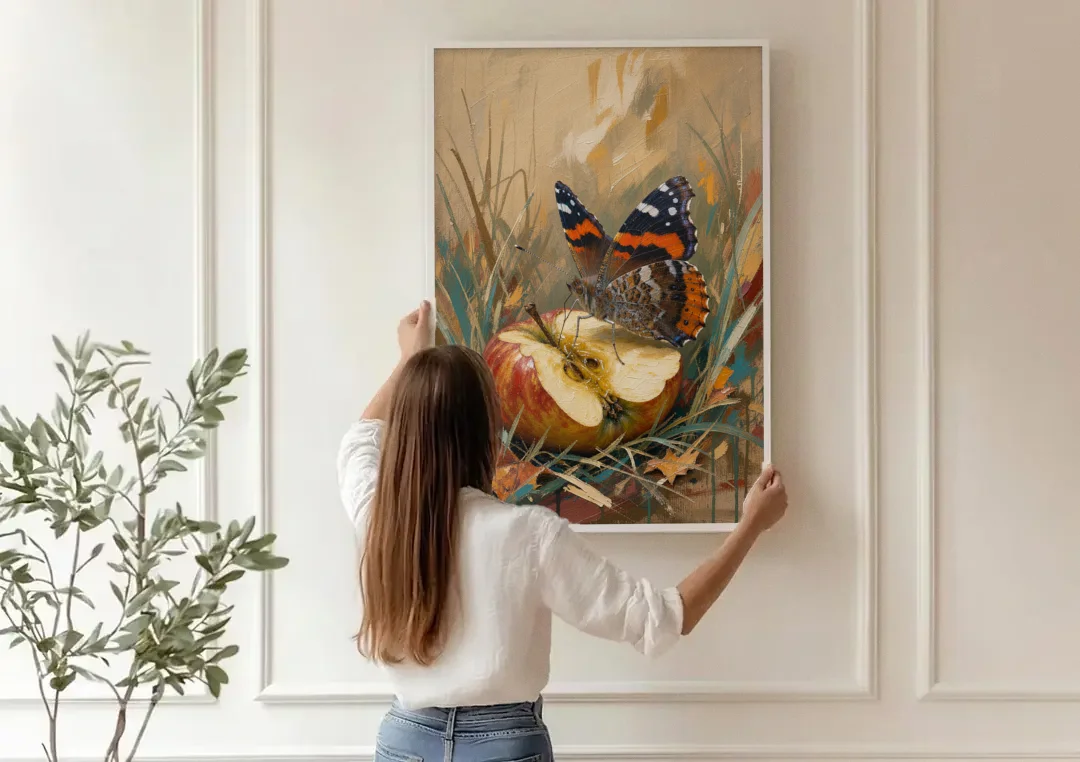 Butterfly Art Prints Red Admiral on a Windfall Apple canvas wall art being hung on a paneled wall