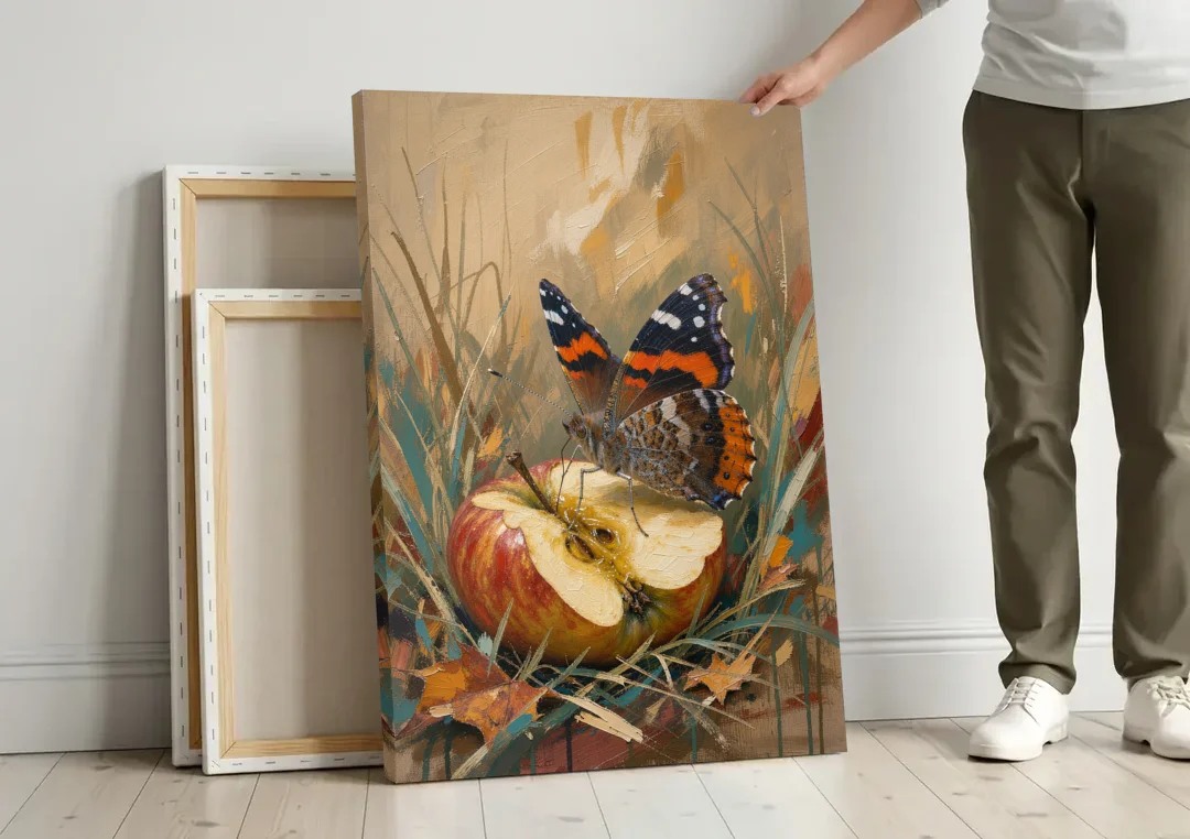 Butterfly Art Prints Red Admiral on a Windfall Apple canvas wall art leaning against a wall next to blank canvases