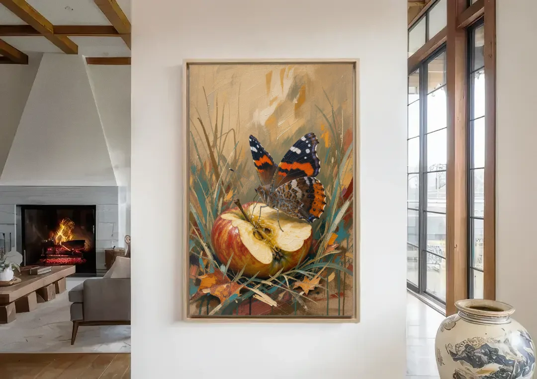 Butterfly Art Prints Red Admiral on a Windfall Apple canvas wall art in a living room with a fireplace
