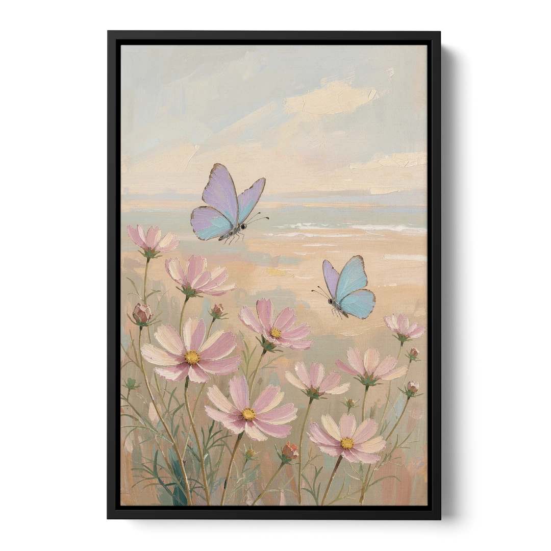 Butterfly Nursery Decor with Pastel Cosmos - Black Framed Canvas Wall Art - Front
