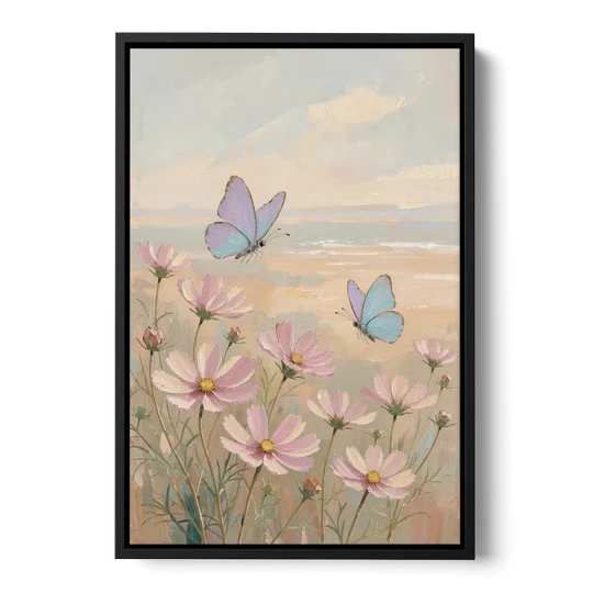 Butterfly Nursery Decor with Pastel Cosmos - Black Framed Canvas Wall Art - Front