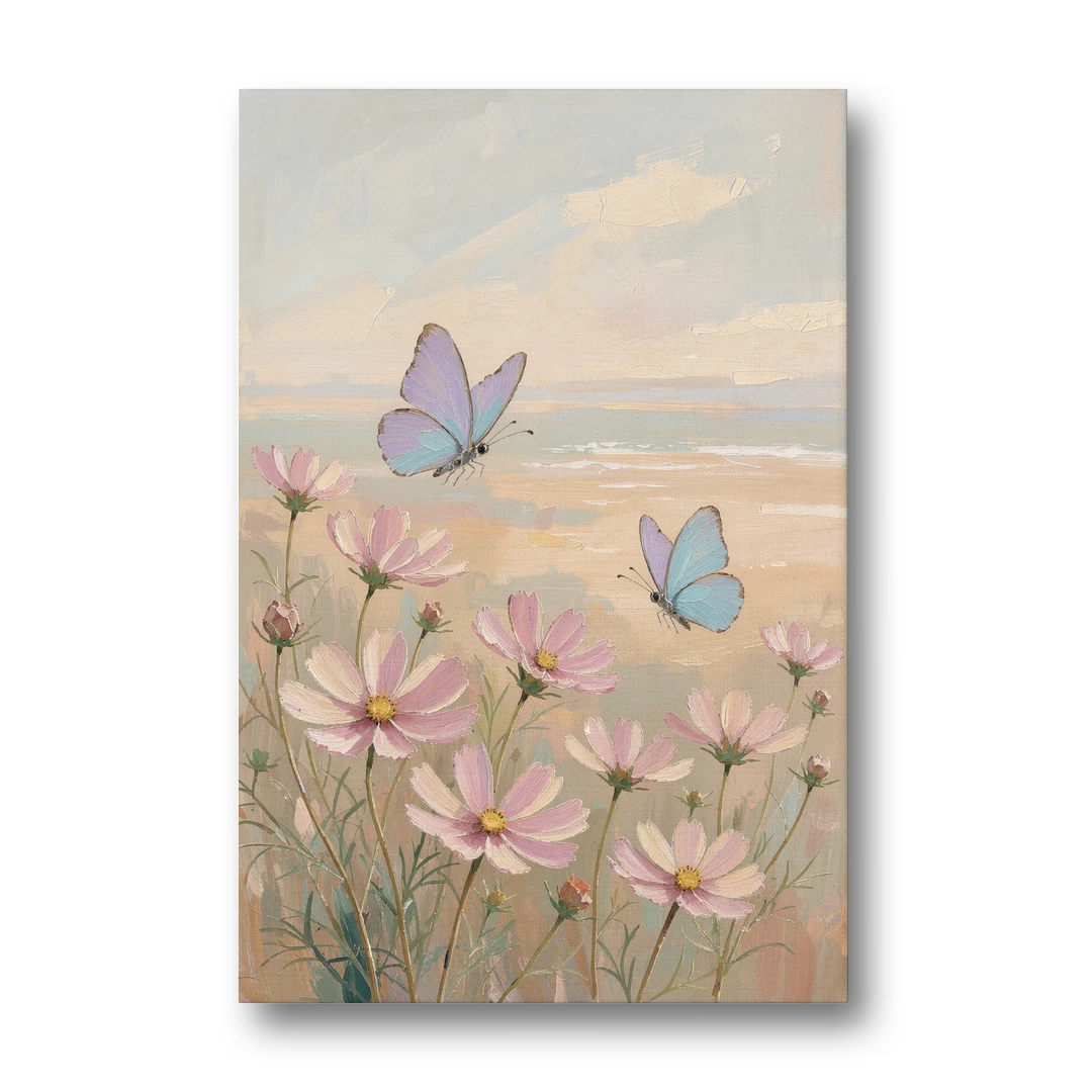 Butterfly Nursery Decor with Pastel Cosmos - Canvas Wall Art - Front