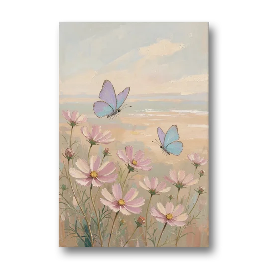 Butterfly Nursery Decor with Pastel Cosmos - Canvas Wall Art - Front