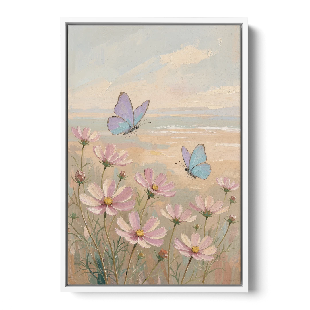 Butterfly Nursery Decor with Pastel Cosmos - White Framed Canvas Wall Art - Front
