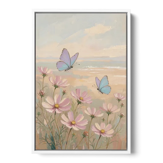 Butterfly Nursery Decor with Pastel Cosmos - White Framed Canvas Wall Art - Front