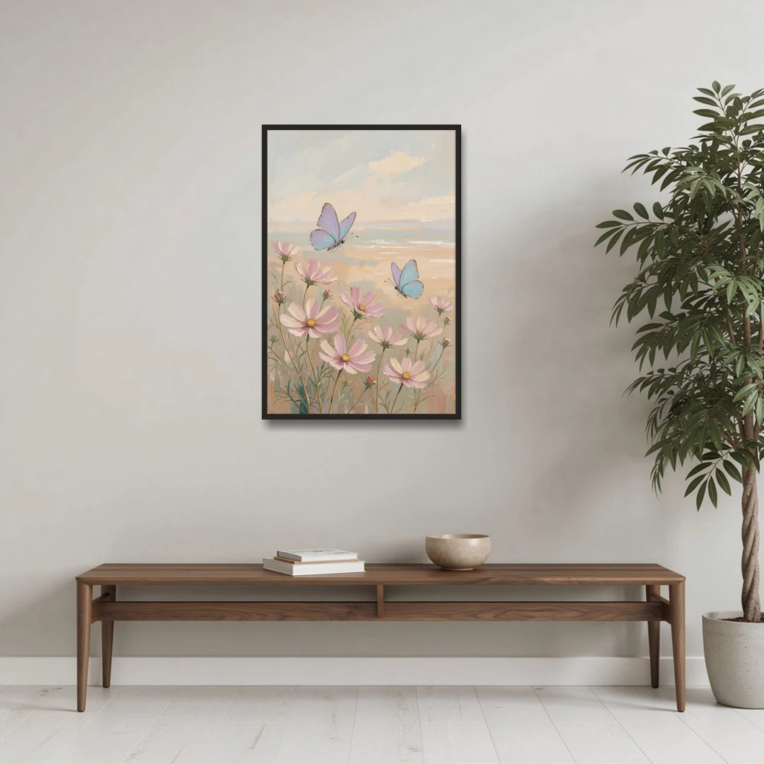 Butterfly Nursery Decor with Pastel Cosmos - Black Framed Canvas Wall Art - Coffee Table - 24x36
