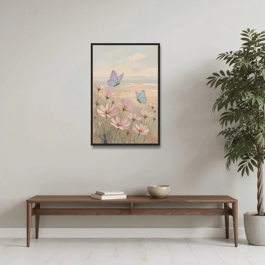 Butterfly Nursery Decor with Pastel Cosmos - Black Framed Canvas Wall Art - Coffee Table - 24x36