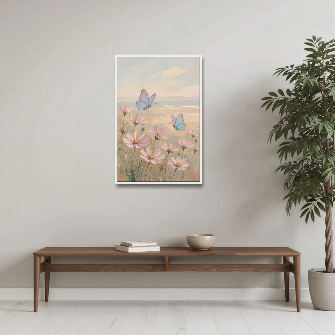 Butterfly Nursery Decor with Pastel Cosmos - White Framed Canvas Wall Art - Coffee Table - 24x36
