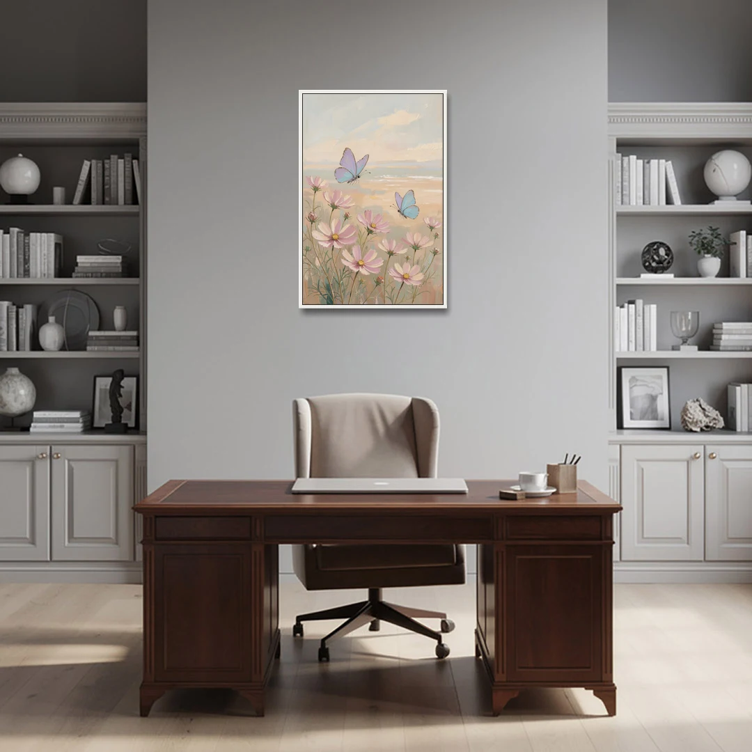 Butterfly Nursery Decor with Pastel Cosmos - White Framed Canvas Wall Art - Office - 24x36