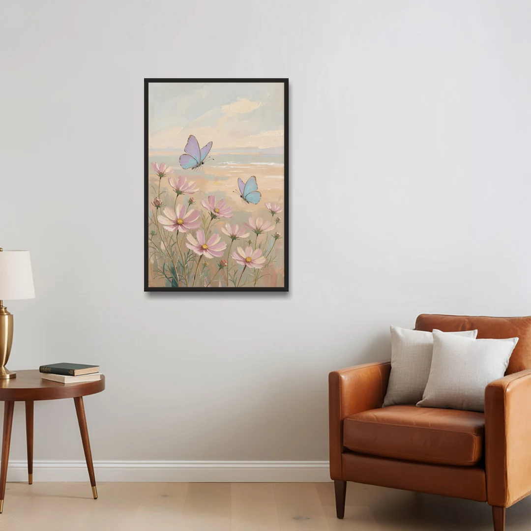 Butterfly Nursery Decor with Pastel Cosmos - Black Framed Canvas Wall Art - Sofa - 24x36