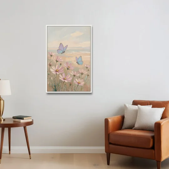Butterfly Nursery Decor with Pastel Cosmos - White Framed Canvas Wall Art - Sofa - 24x36