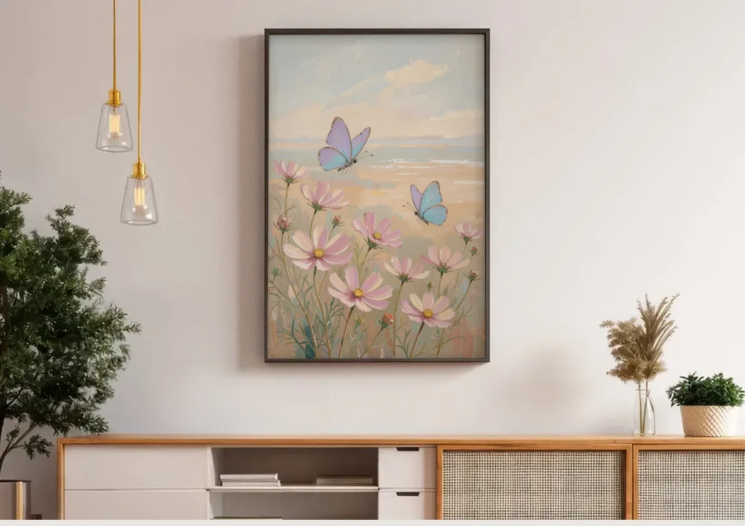 Butterfly Nursery Decor with Pastel Cosmos canvas wall art above a wooden sideboard under pendant lights