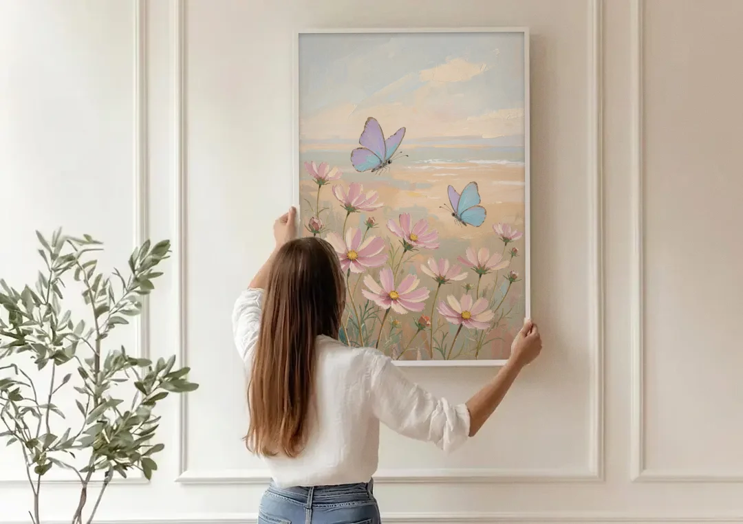 Butterfly Nursery Decor with Pastel Cosmos canvas wall art being hung on a paneled wall