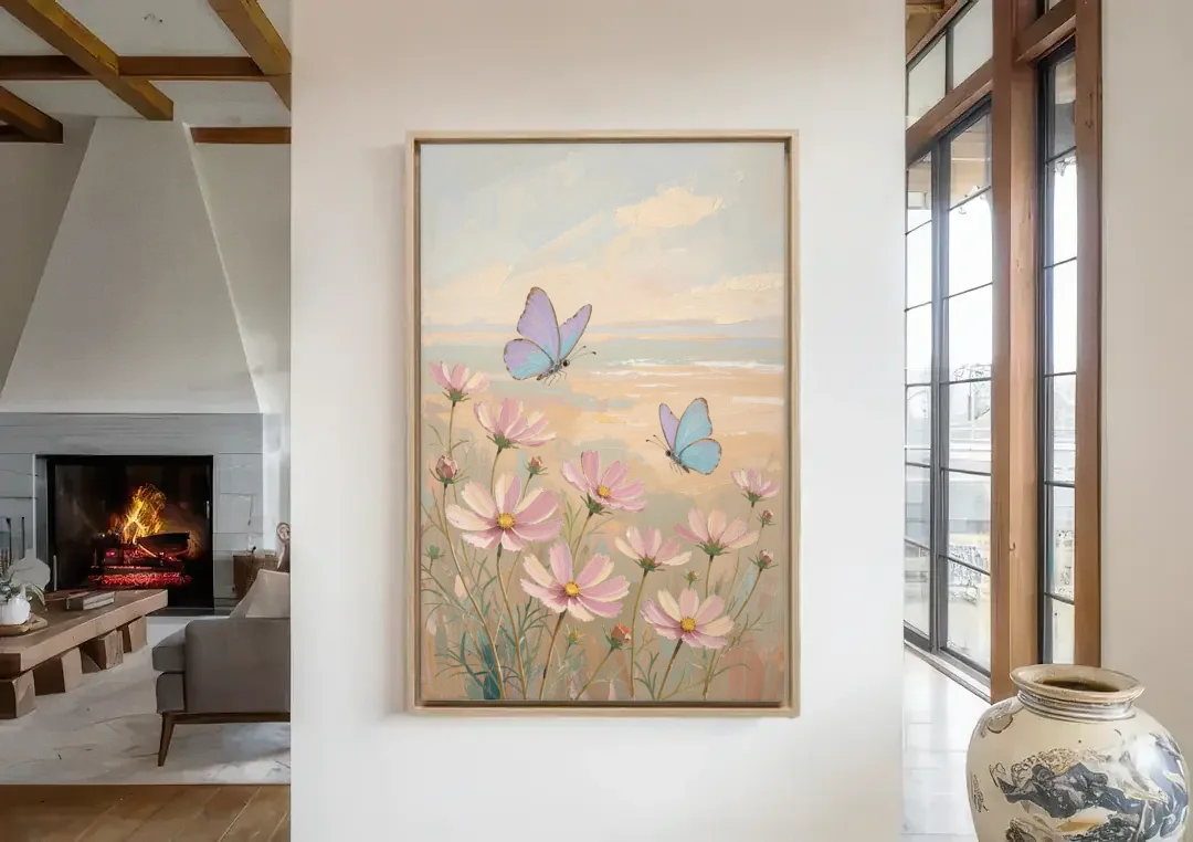 Butterfly Nursery Decor with Pastel Cosmos canvas wall art in a living room with a fireplace