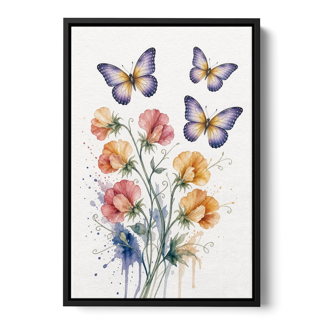 Butterfly Nursery Wall Art with Sweet Pea Blossoms - Black Framed Canvas Wall Art - Front