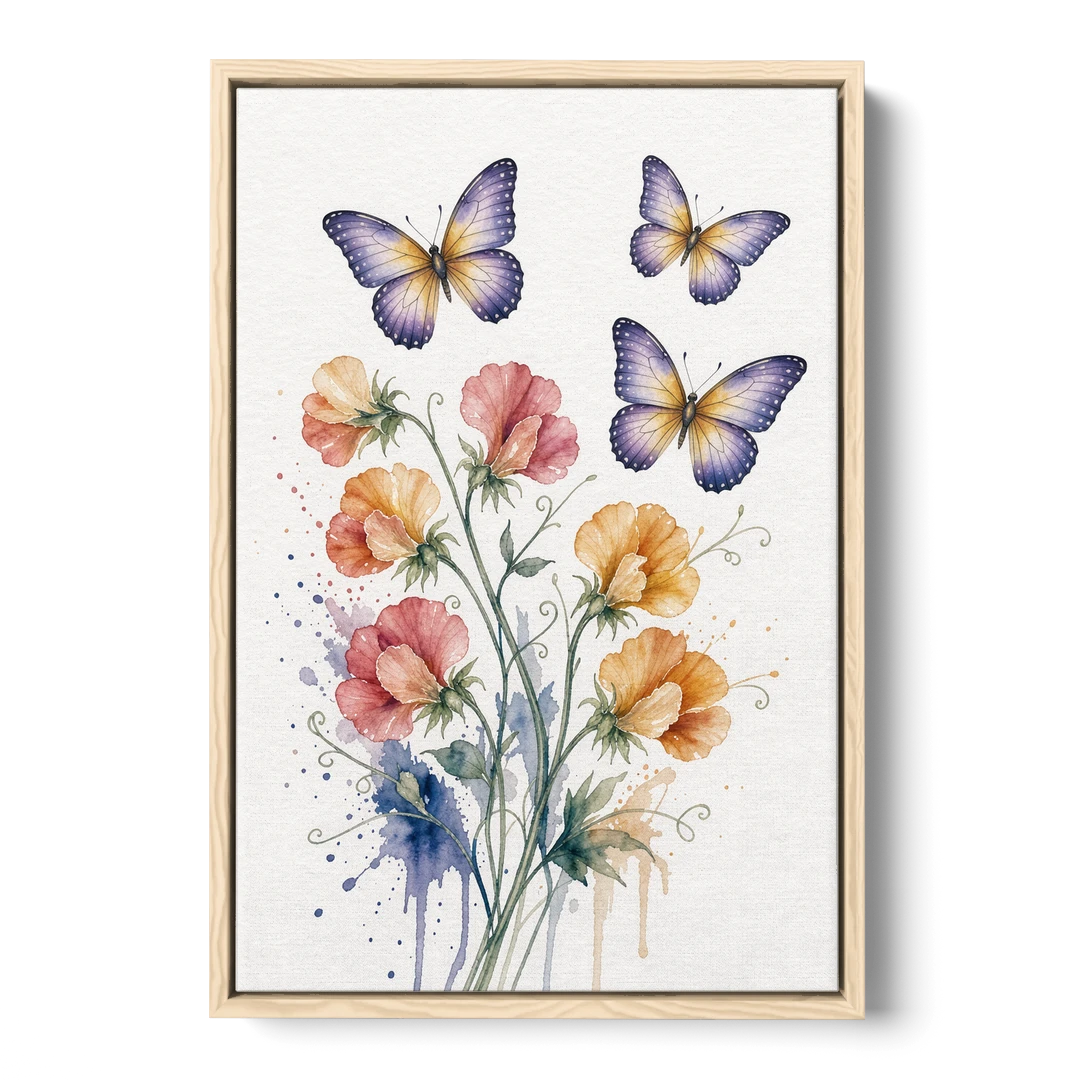 Butterfly Nursery Wall Art with Sweet Pea Blossoms - Oak Framed Canvas Wall Art - Front