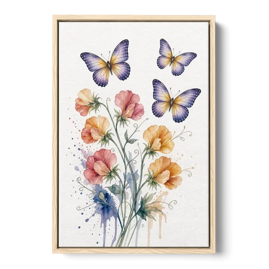 Butterfly Nursery Wall Art with Sweet Pea Blossoms - Oak Framed Canvas Wall Art - Front