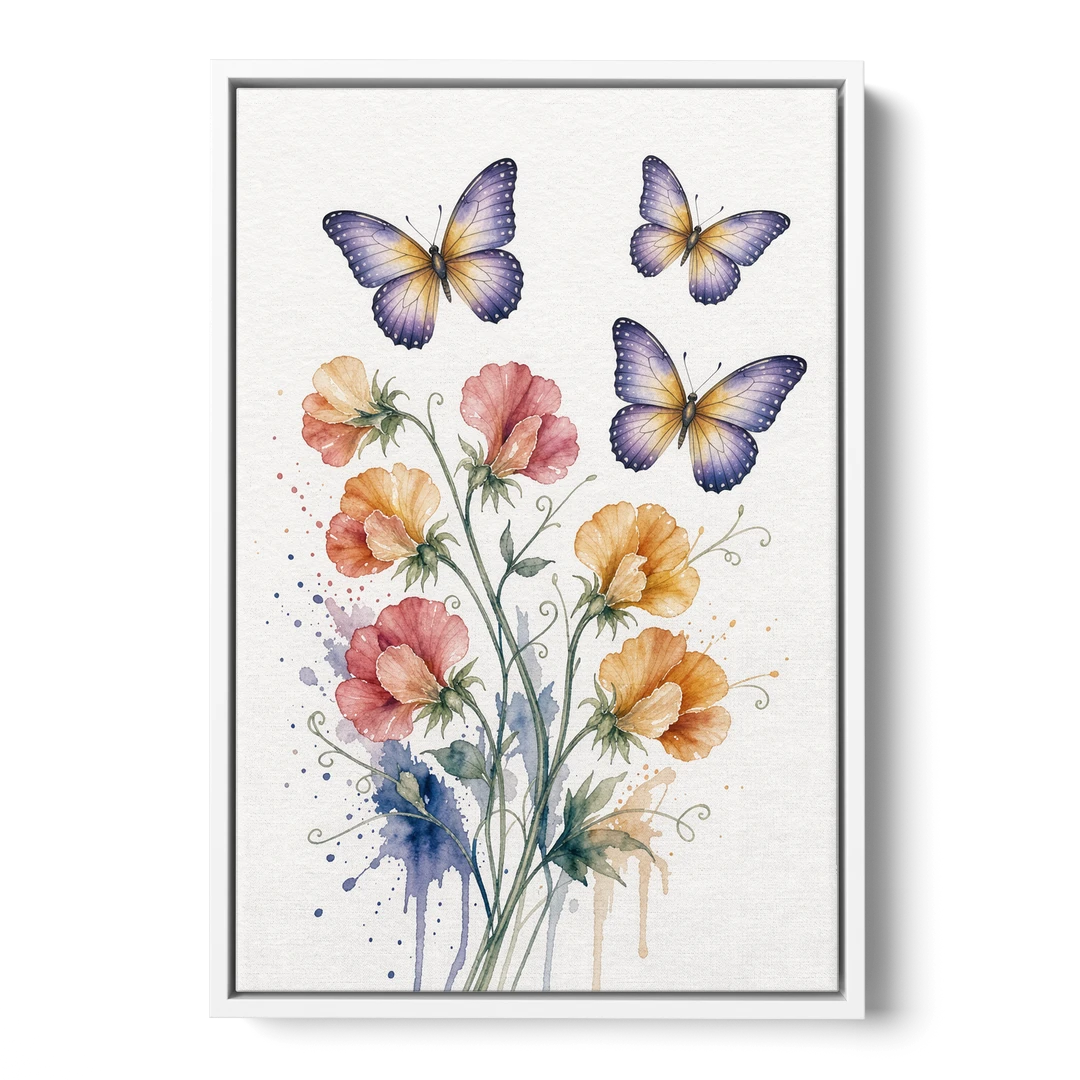 Butterfly Nursery Wall Art with Sweet Pea Blossoms - White Framed Canvas Wall Art - Front
