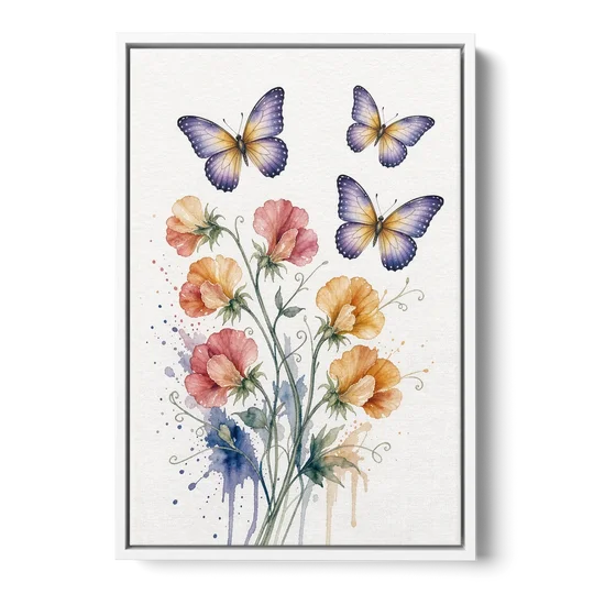 Butterfly Nursery Wall Art with Sweet Pea Blossoms - White Framed Canvas Wall Art - Front