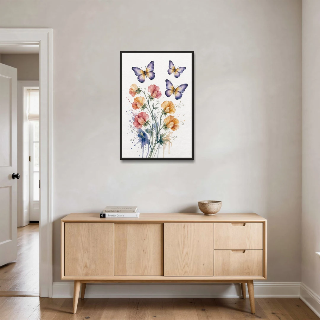 Butterfly Nursery Wall Art with Sweet Pea Blossoms - Black Framed Canvas Wall Art - Coffee Table - 24x36