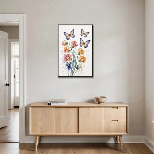Butterfly Nursery Wall Art with Sweet Pea Blossoms - Black Framed Canvas Wall Art - Coffee Table - 24x36
