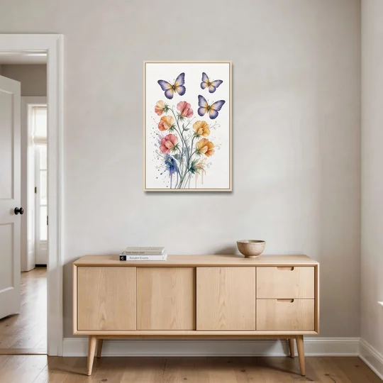 Butterfly Nursery Wall Art with Sweet Pea Blossoms - Oak Framed Canvas Wall Art - Coffee Table - 24x36