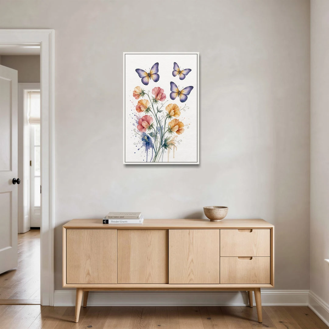Butterfly Nursery Wall Art with Sweet Pea Blossoms - White Framed Canvas Wall Art - Coffee Table - 24x36