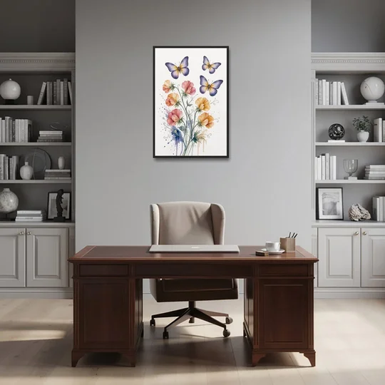Butterfly Nursery Wall Art with Sweet Pea Blossoms - Black Framed Canvas Wall Art - Office - 24x36