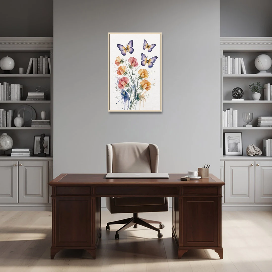 Butterfly Nursery Wall Art with Sweet Pea Blossoms - Oak Framed Canvas Wall Art - Office - 24x36