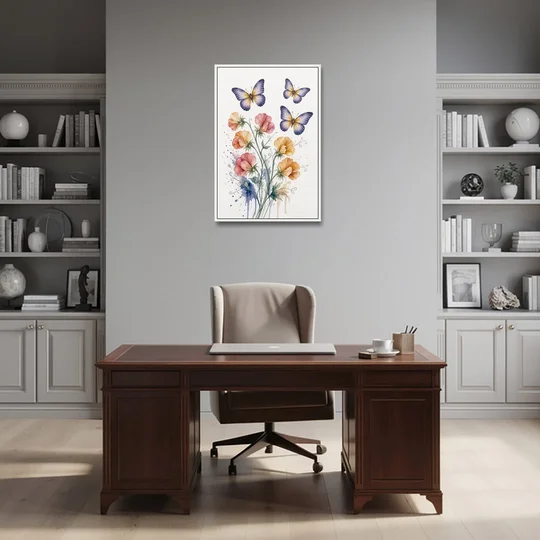 Butterfly Nursery Wall Art with Sweet Pea Blossoms - White Framed Canvas Wall Art - Office - 24x36