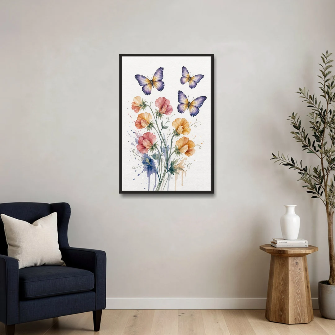Butterfly Nursery Wall Art with Sweet Pea Blossoms - Black Framed Canvas Wall Art - Sofa - 24x36