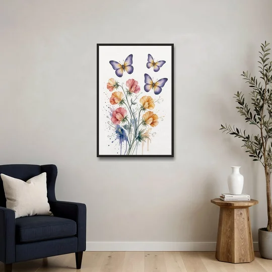 Butterfly Nursery Wall Art with Sweet Pea Blossoms - Black Framed Canvas Wall Art - Sofa - 24x36
