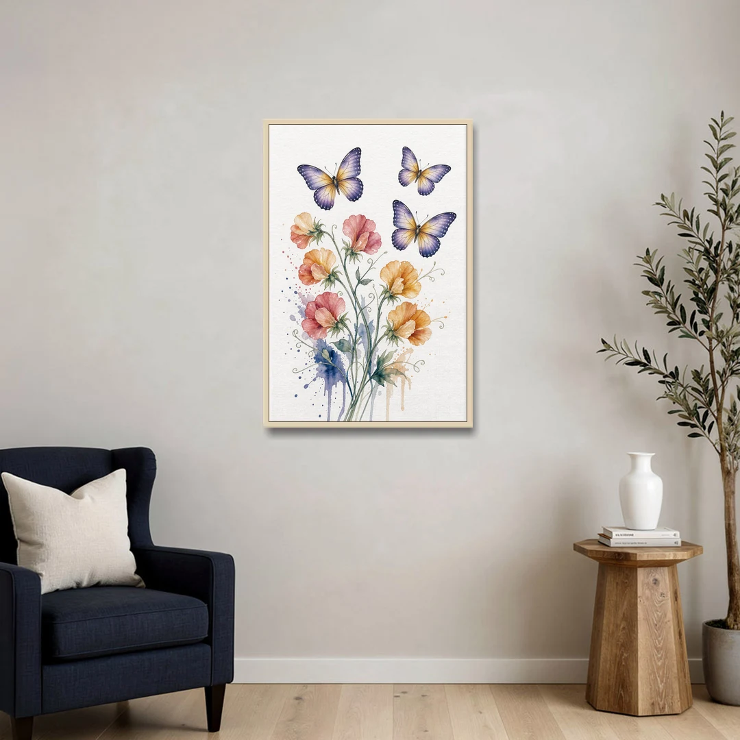 Butterfly Nursery Wall Art with Sweet Pea Blossoms - Oak Framed Canvas Wall Art - Sofa - 24x36