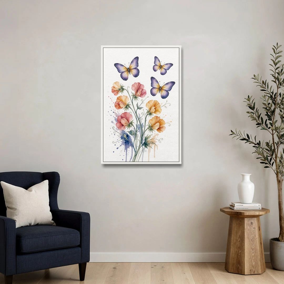 Butterfly Nursery Wall Art with Sweet Pea Blossoms - White Framed Canvas Wall Art - Sofa - 24x36