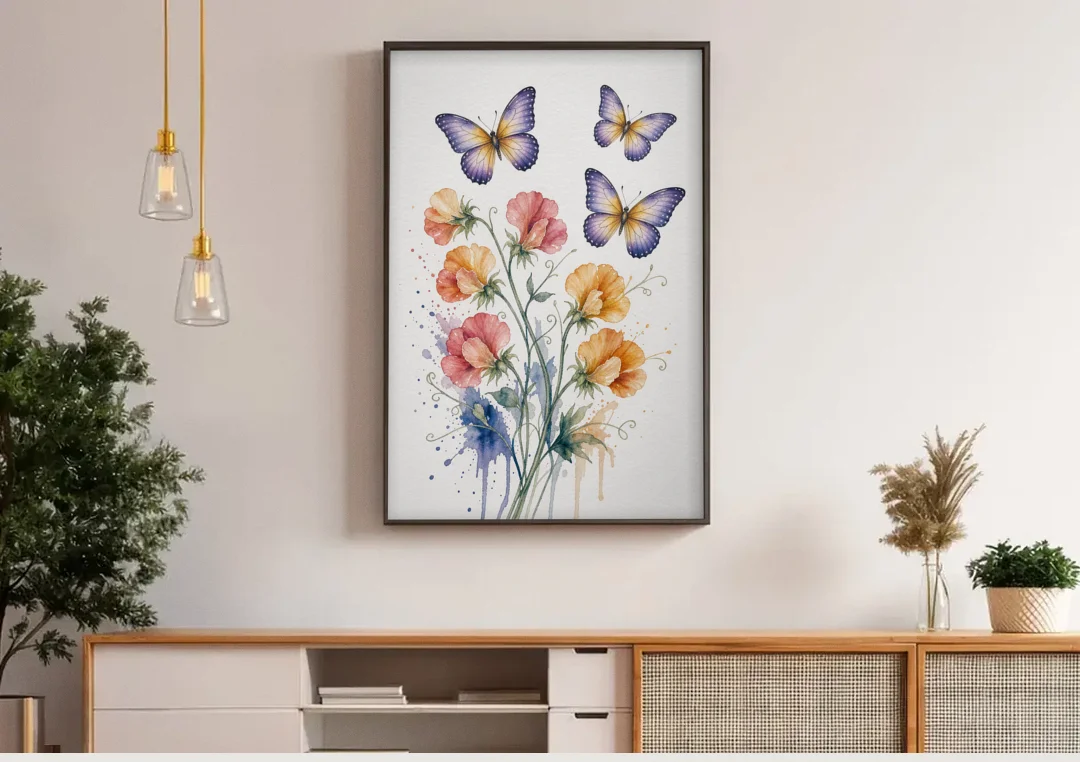 Butterfly Nursery Wall Art with Sweet Pea Blossoms canvas wall art above a wooden sideboard under pendant lights