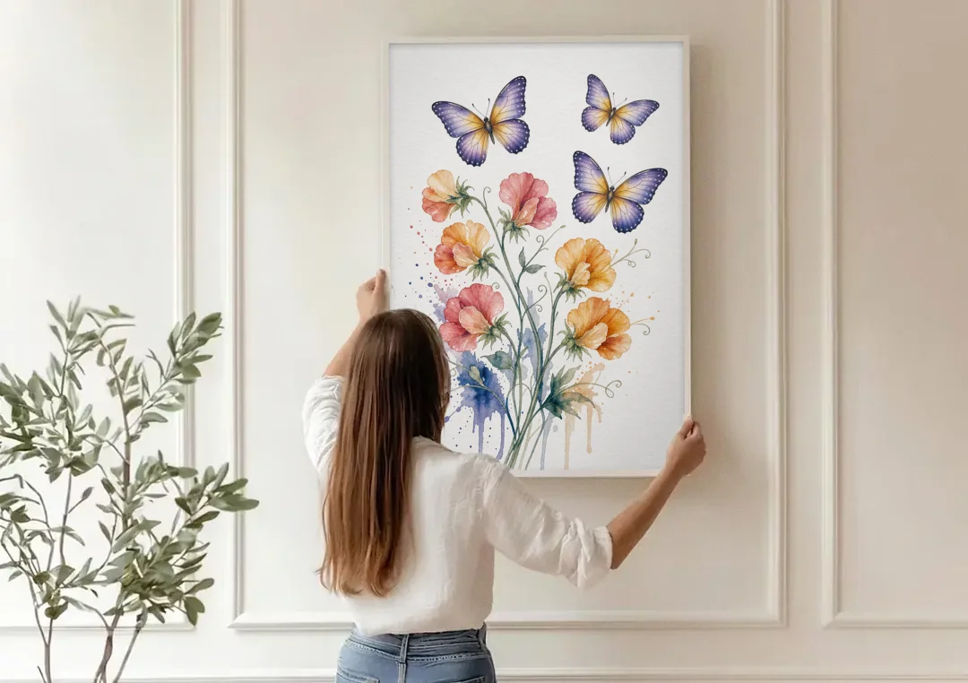 Butterfly Nursery Wall Art with Sweet Pea Blossoms canvas wall art being hung on a paneled wall