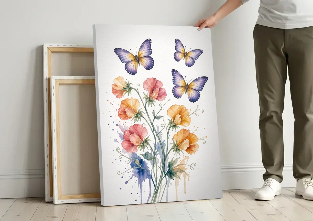 Butterfly Nursery Wall Art with Sweet Pea Blossoms canvas wall art leaning against a wall next to blank canvases
