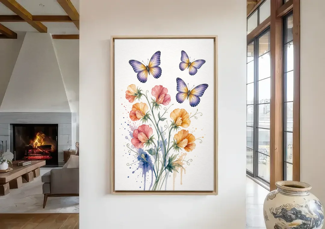 Butterfly Nursery Wall Art with Sweet Pea Blossoms canvas wall art in a living room with a fireplace