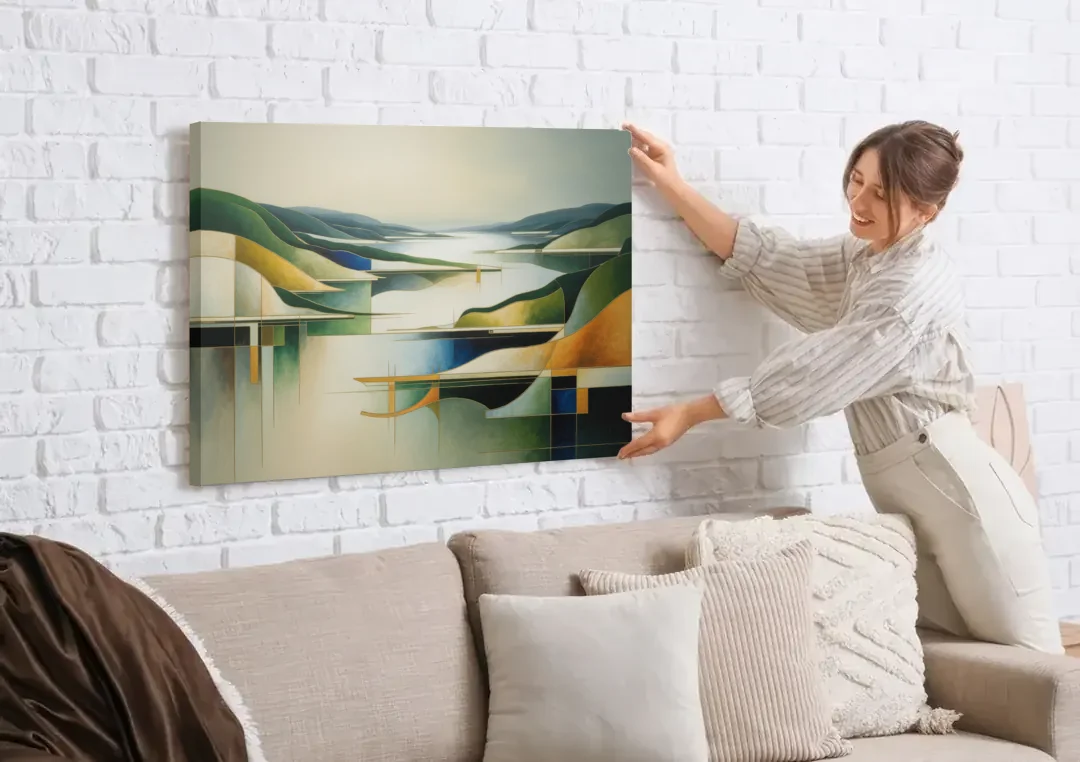 Bygdøy Peninsula Beauty canvas wall art being hung on a white brick wall above a sofa