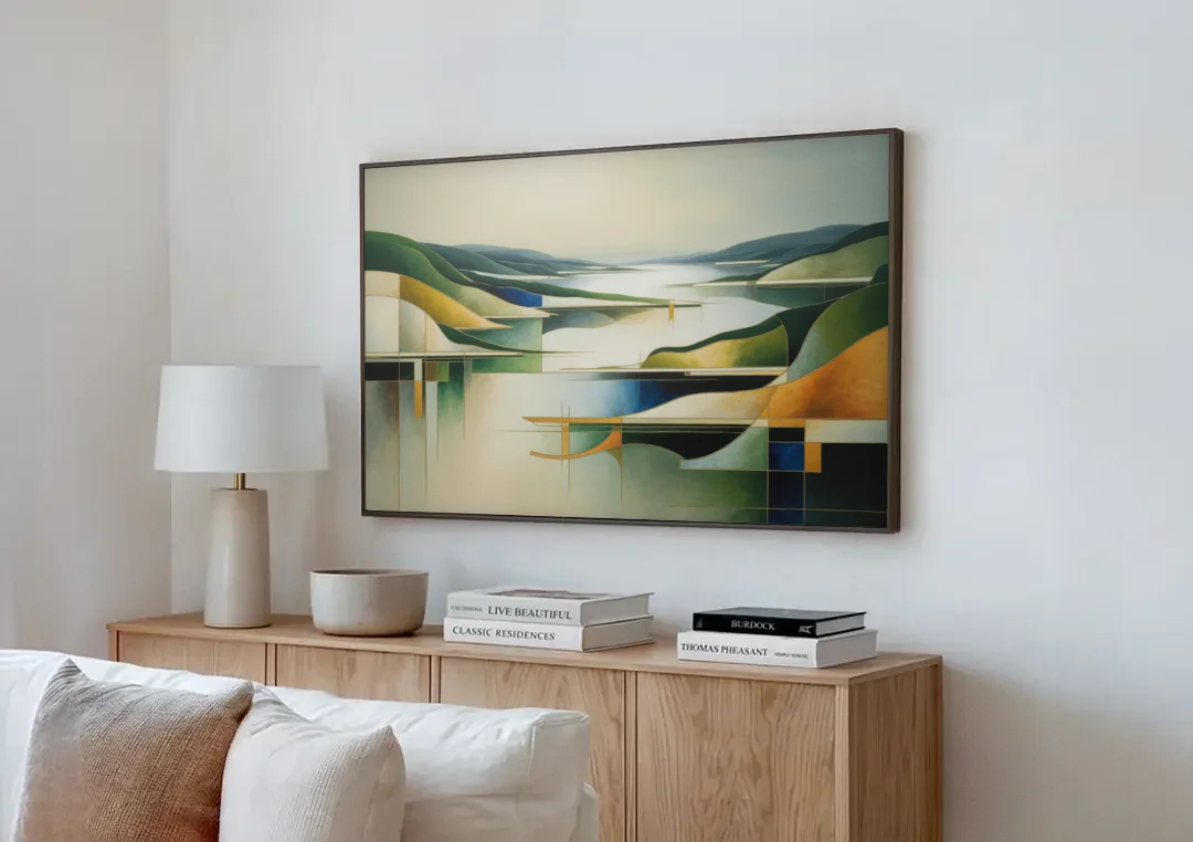 Bygdøy Peninsula Beauty canvas wall art above a wooden sideboard next to a sofa