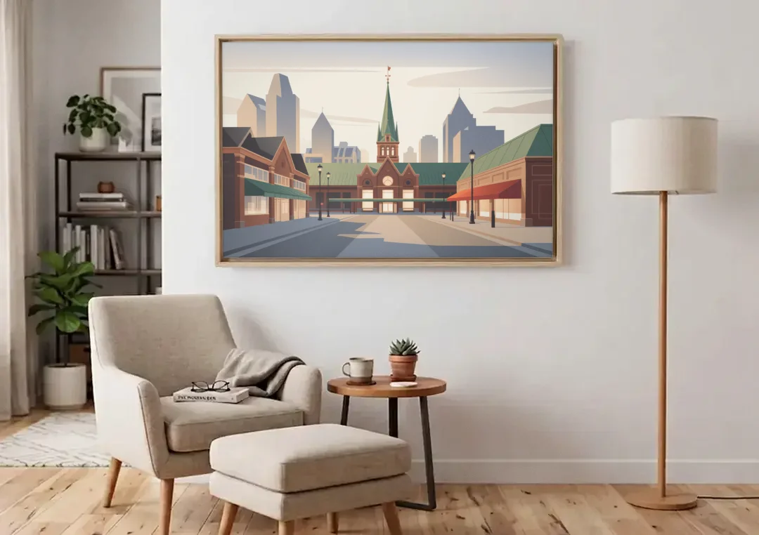 ByWard Market Charm canvas wall art above an armchair in a bright living room