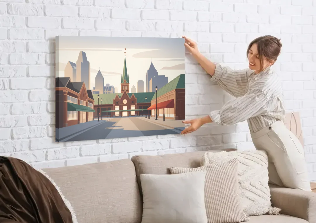ByWard Market Charm canvas wall art being hung on a white brick wall above a sofa