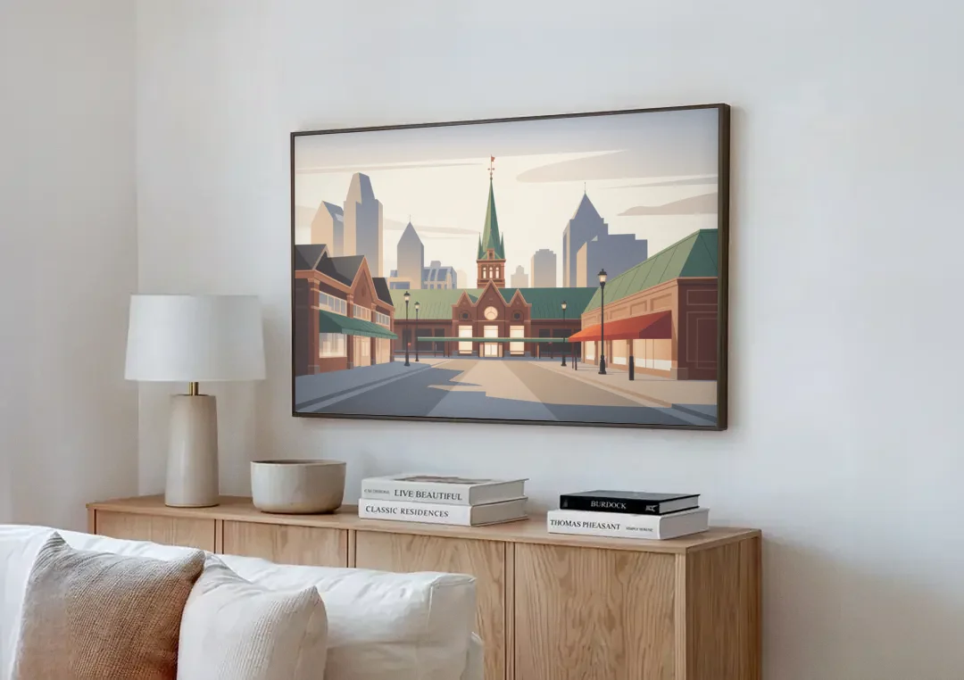 ByWard Market Charm canvas wall art above a wooden sideboard next to a sofa