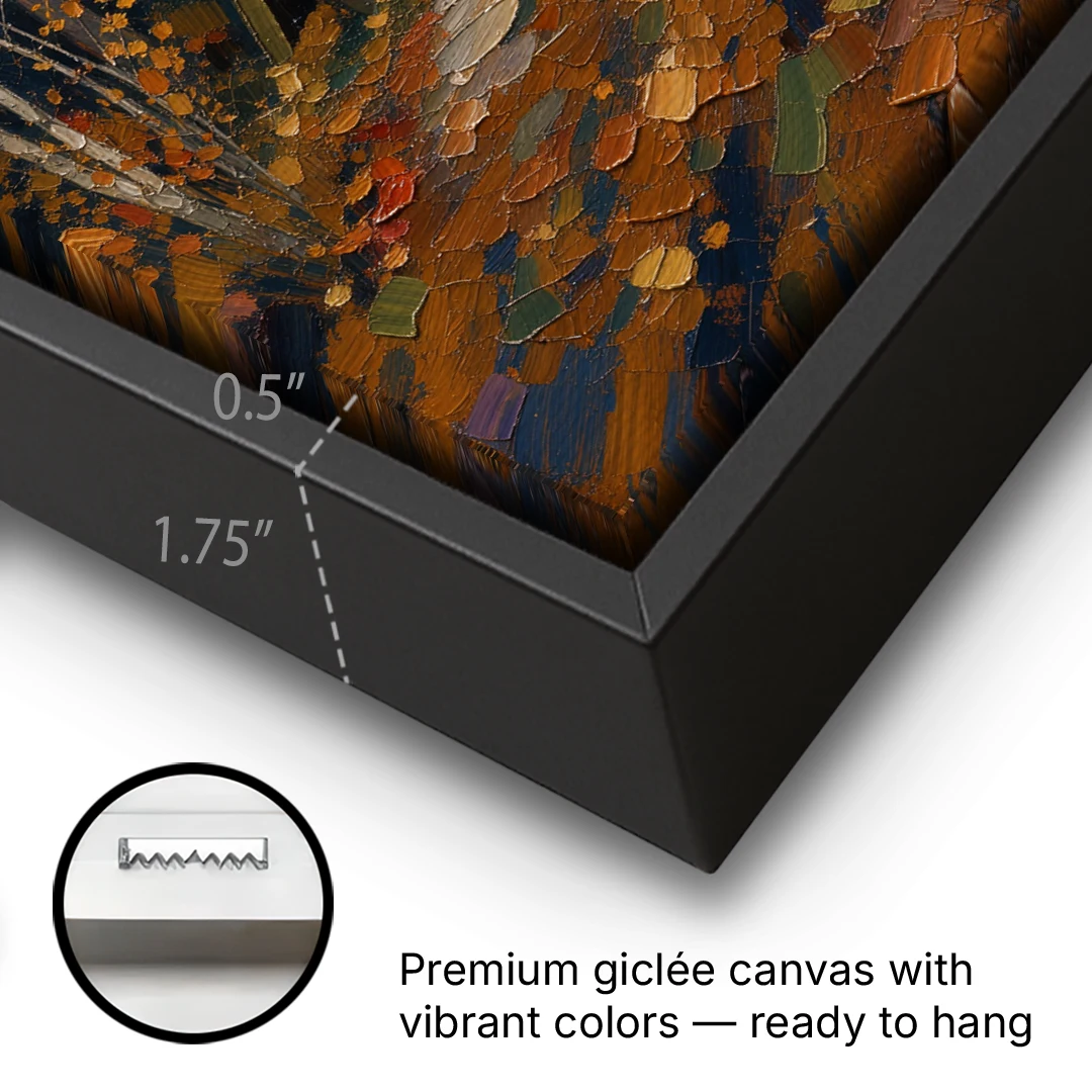 Cabin Wall Art with Amber Window at Autumn Dusk - Black Framed Canvas Wall Art - Gallery Wrap Corner
